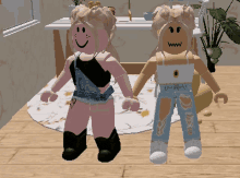 two roblox characters standing next to each other on a wooden floor