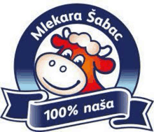 the logo for milkara sabac is a cartoon cow with a smile on its face .