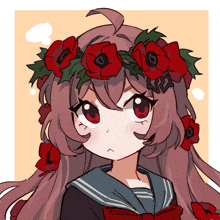 a drawing of a girl with a wreath of red flowers in her hair