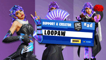 a woman with purple hair holds a fan in front of a sign that says support a creator loopaw