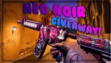 a neon noir giveaway poster with a person holding a purple gun