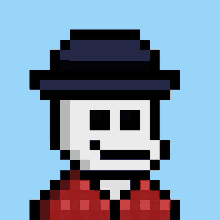 a pixel art of a skeleton wearing a plaid shirt and hat