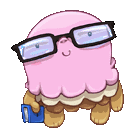 a pink jellyfish wearing glasses and holding a blue book .