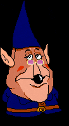 a pixel art drawing of a gnome wearing a blue hat and glasses