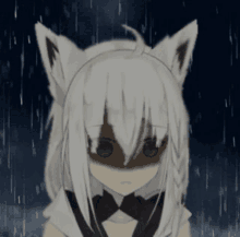 a girl with white hair and cat ears is standing in the rain with a shadow on her face .