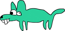 a cartoon drawing of a green dog with a big smile on its face