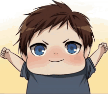 a cartoon drawing of a child with blue eyes and brown hair