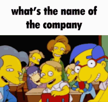 a group of cartoon characters are sitting in a classroom with the words what 's the name of the company