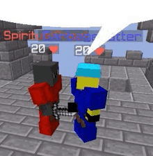 two minecraft characters are standing next to each other in a brick room .