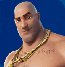 a bald man wearing a gold chain and a tattoo on his chest that says happy