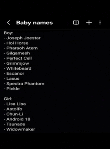 a list of baby names on a black background