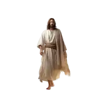 jesus is wearing a white robe with a brown belt around his waist