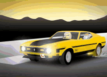 a yellow mustang is driving down the road