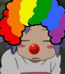 a clown with a rainbow wig and red nose is sleeping .