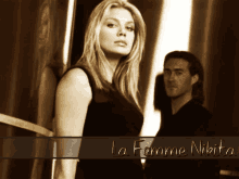 a woman in a black dress is standing next to a man with the words la femme nikita written on the bottom