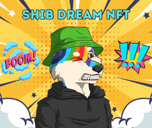 a cartoon of a dog wearing a green hat with the words shiba dream nft on the top