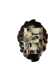 a statue of a man 's face is surrounded by squares of different sizes