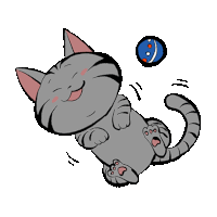 a gray cat is playing with a blue ball .