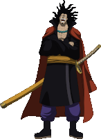 a man in a black cape holds a sword