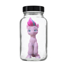 a pink pony with a blue and pink mane is in a glass jar