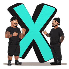 two men are standing next to a large x