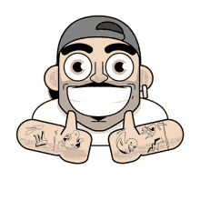 a cartoon drawing of a man with tattoos on his arms giving a thumbs up