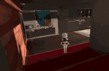 a video game character is standing on a red carpet in a dark room