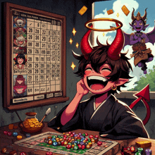 a cartoon drawing of a devil playing a game of musebolo