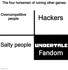 the four horsemen of ruining other games are overcompetitive people , salty people , hackers , undertale fandom .