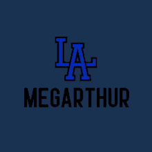 a blue background with la megarthur written on it