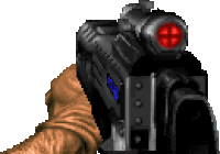 a pixel art drawing of a person holding a gun with a red scope