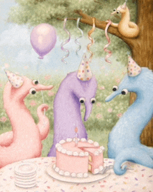 a group of seahorses wearing party hats are sitting around a table with a cake and a balloon