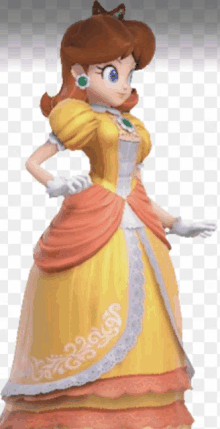 princess daisy is wearing a yellow and orange dress and white gloves