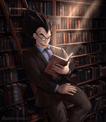 a man in a suit sits in a library reading a book