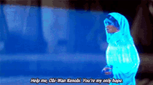 a person in a blue hoodie is talking to obi-wan kenobi in a star wars movie .