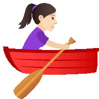 a woman is rowing a red boat with a wooden paddle