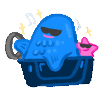 a cartoon drawing of a blue octopus wearing sunglasses and a pink star