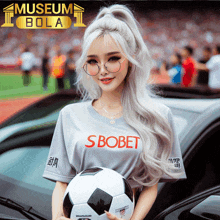 a woman holding a soccer ball wearing a shirt that says s bobet