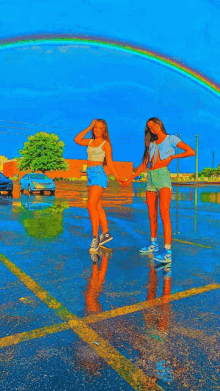 two girls are standing in a parking lot with a rainbow in the background