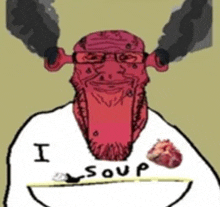 a cartoon of a man with horns and a beard wearing a shirt that says `` i love soup ''