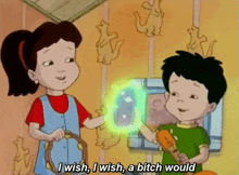 a girl is holding a tambourine and a boy is holding a guitar in a cartoon scene .