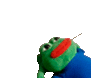 a stuffed frog with a stick sticking out of its mouth is wearing a blue jacket .