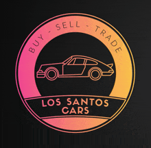 a logo for los santos cars shows a car inside of a circle