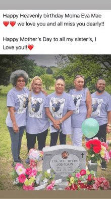 a group of women are posing for a picture in front of a grave of eva mae byers johnson