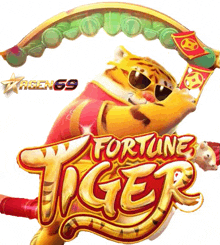 a fortune tiger logo with a tiger wearing sunglasses holding a flag