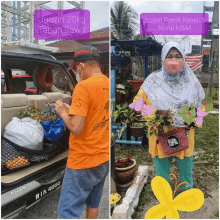 a man and a woman are standing next to each other and the woman is wearing a mask and holding a plant