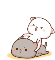 a cartoon cat is laying on top of a gray cat .