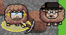 two pixel art sheep one wearing glasses and a hat