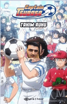 a poster for captain tsubasa with a man holding a soccer ball .