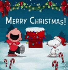 a christmas card with charlie brown and snoopy dancing in the snow